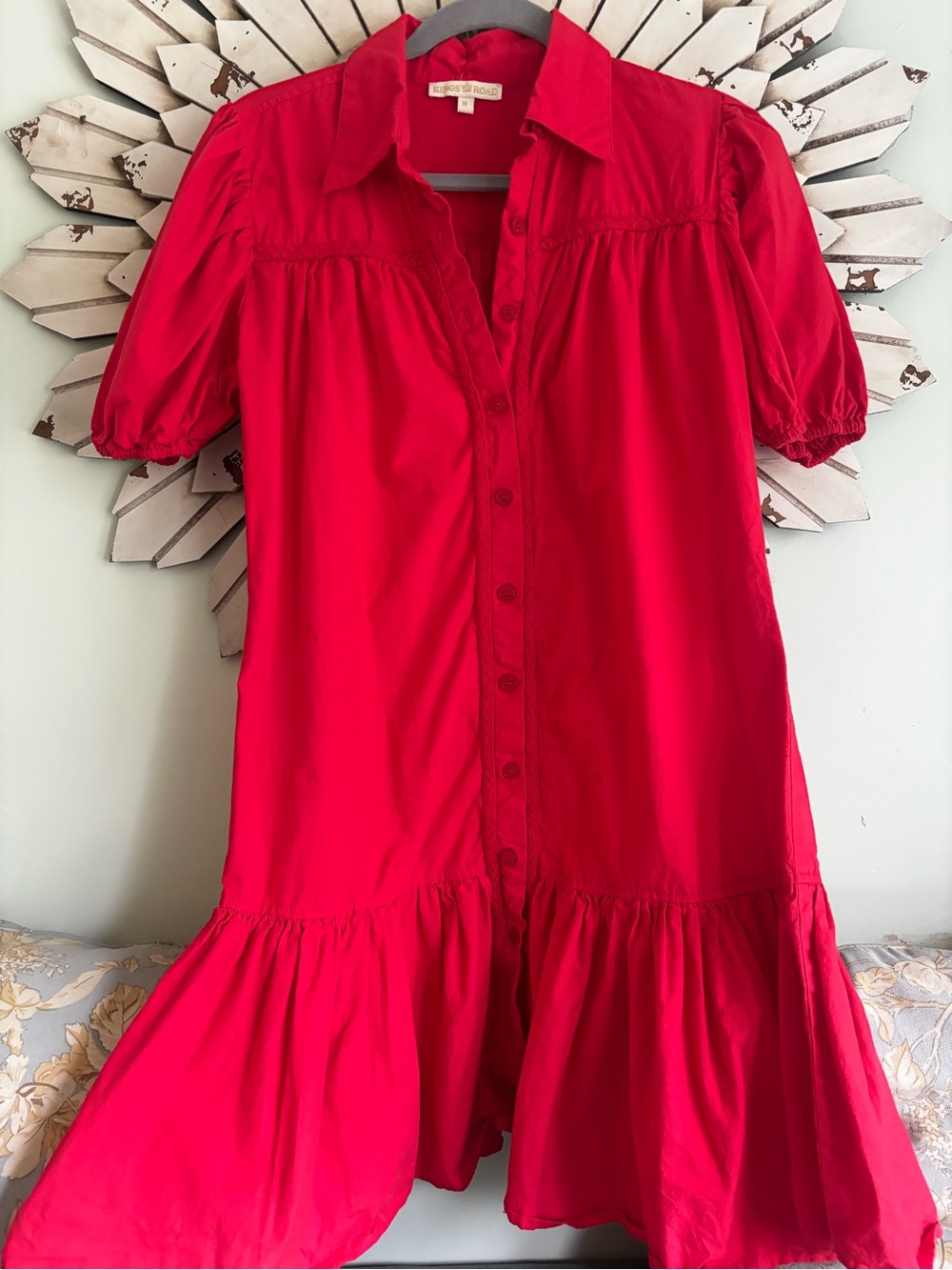 Kings Road Anthropologie Red Puff Sleeve Button Front Ruffle Hem Midi Dress M